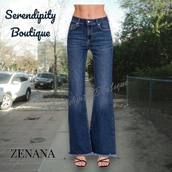 Zenana Super Stretch High Rise Bell Bottom Retro 70s Dark Wash Jeans - Picture 2 of 16